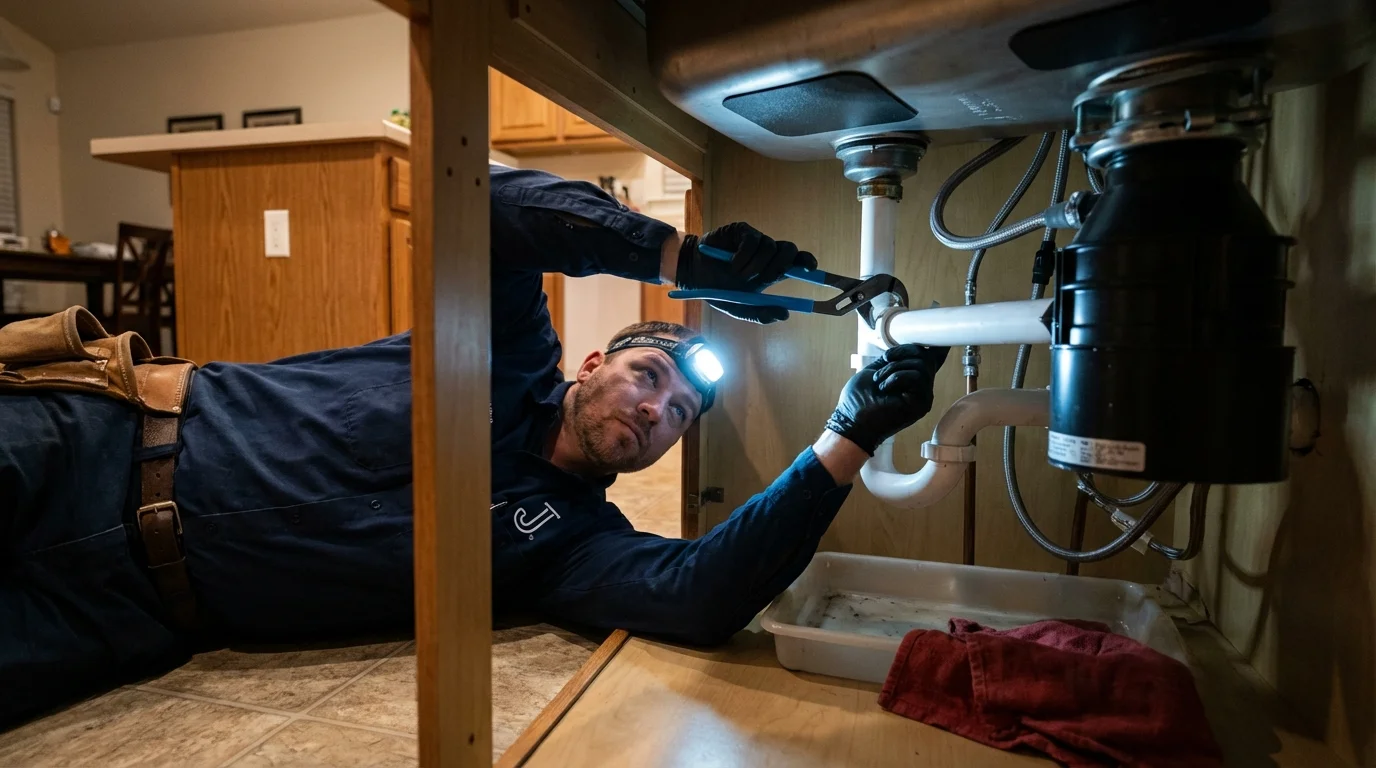 P-trap and supply line connections under a kitchen sink showing a common leak point in Millville, NJ